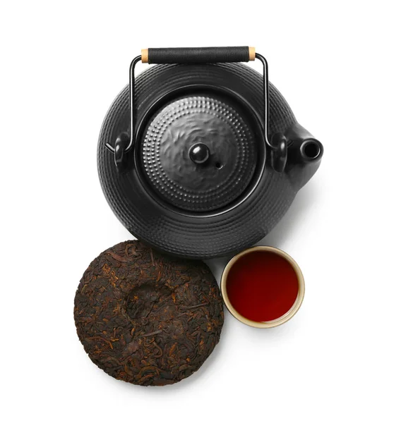 Dry Pressed Puer Tea Cup Teapot White Background — Stock Photo, Image