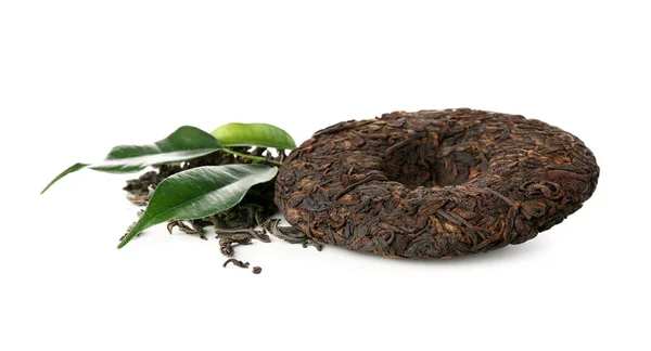 Dry Pressed Puer Tea Leaves White Background — Stock Photo, Image