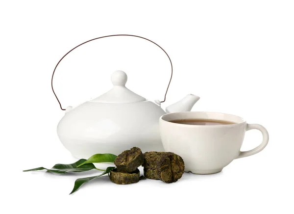 Dry Pressed Puer Tea Leaves Cup Teapot White Background — Stock Photo, Image