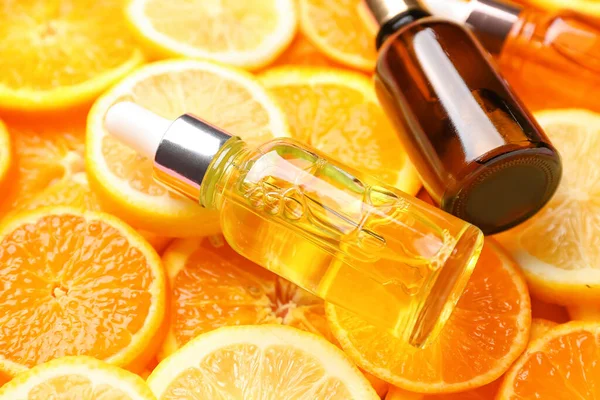 Lahvičky Sérem Vitaminu Plátky Citrusových Plodů — Stock fotografie