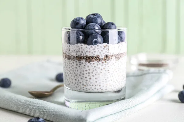 Glass Delicious Chia Seed Pudding Blueberry Table — Stock Photo, Image