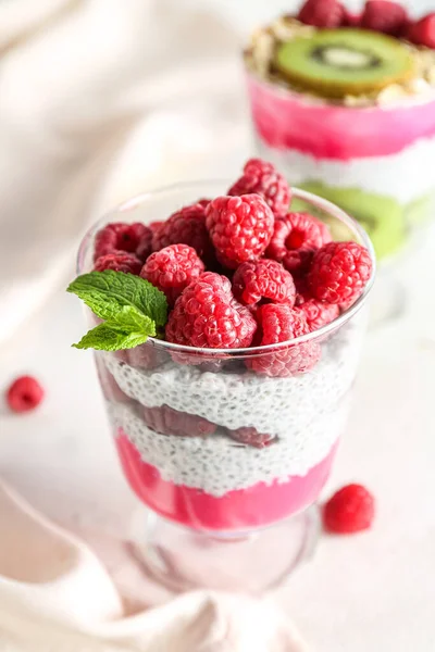 Glass Delicious Chia Seed Pudding Raspberry Table Closeup — Stock Photo, Image