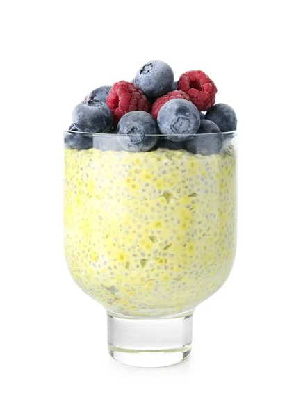 Glass Tasty Chia Seed Pudding Berries White Background — Stock Photo, Image