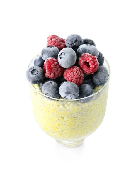 Glas Lekkere Chia Zaadpudding Met Bessen Witte Achtergrond — Stockfoto