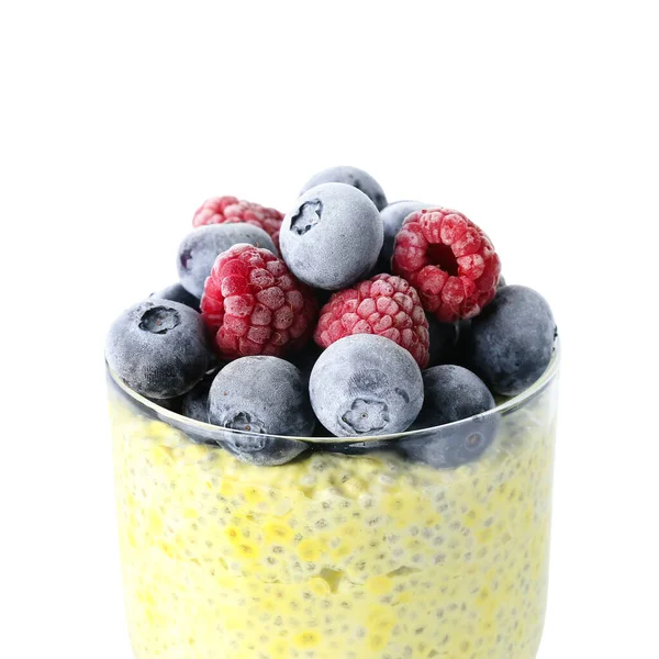 Glass Tasty Chia Seed Pudding Berries White Background Closeup — Stock Photo, Image