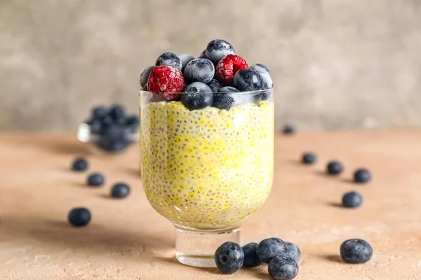 Glass Tasty Chia Seed Pudding Berries Table — Stock Photo, Image