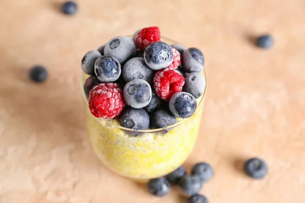 Glass Tasty Chia Seed Pudding Berries Color Table — Stock Photo, Image