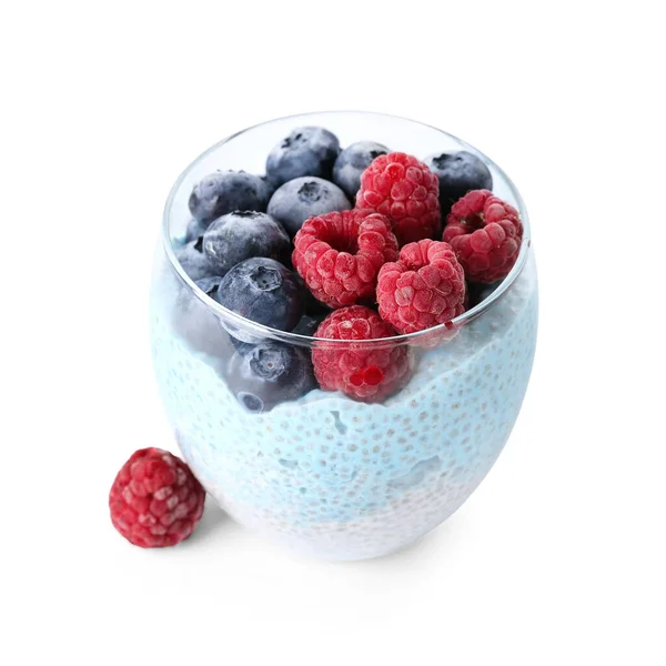 Glass Chia Pudding Berries White Background — Stock Photo, Image