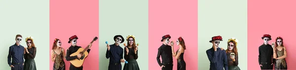 Conjunto Personas Con Cráneos Pintados Rostros Contra Fondo Color Celebración — Foto de Stock