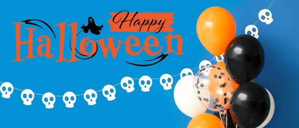 Banner För Halloween Med Ballonger Och Krans Blå Bakgrund — Stockfoto