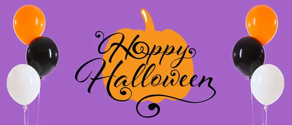 Banner for Halloween with balloons on lilac background