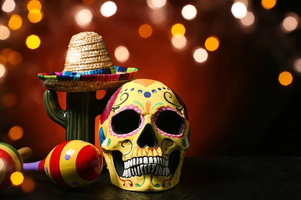 Målad Människoskalle För Mexikos Dödsdag Dia Muertos Maracas Kaktus Och — Stockfoto