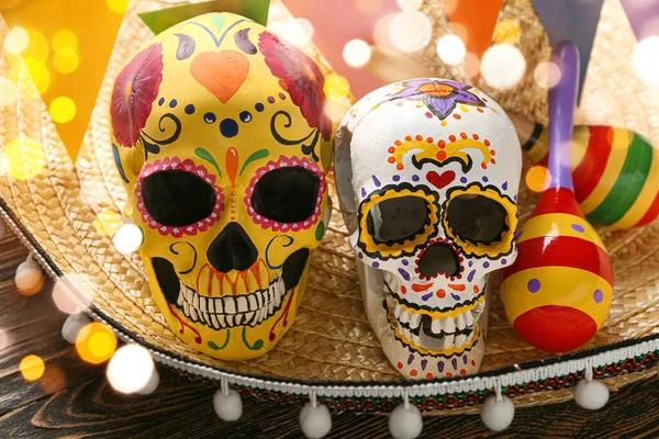 Painted Human Skulls Mexico Day Dead Dia Muertos Maracas Sombrero — Stock Fotó