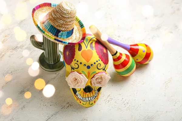 Painted Human Skull Mexico Day Dead Dia Muertos Maracas Cactus — Stock Photo, Image