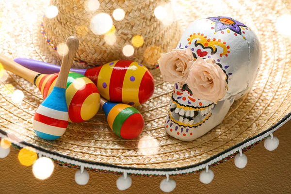 Painted Human Skull Mexico Day Dead Dia Muertos Maracas Sombrero — Stock Photo, Image