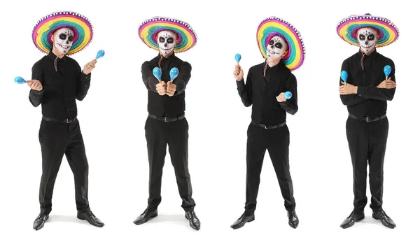 Set Young Man Painted Skull His Face Maracas White Background — Stock Photo, Image