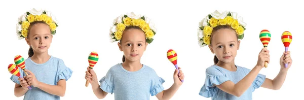 Set Cute Mexican Girl Maracas White Background — Stock Photo, Image