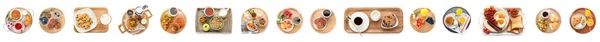 Colagem Bandejas Com Saborosos Pequenos Almoços Fundo Branco Vista Superior — Fotografia de Stock