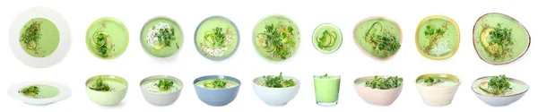 Collage Soupe Verte Gaspacho Dans Des Bols Sur Fond Blanc — Photo