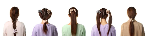Colagem Mulher Jovem Com Scrunchies Cabelo Elegante Fundo Branco Visão — Fotografia de Stock