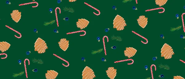 Sok Mézeskalács Cookie Cukornád Karácsonyi Dekoráció Zöld Háttérrel Tervezési Minta — Stock Fotó