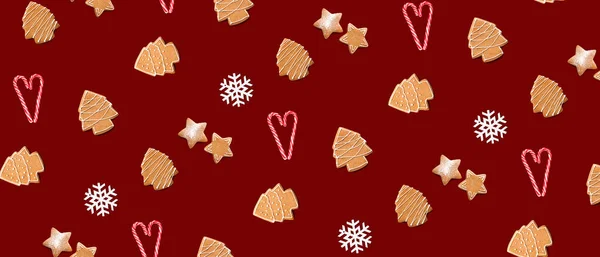 Muitos Biscoitos Natal Bengalas Doces Flocos Neve Fundo Vermelho Padrão — Fotografia de Stock