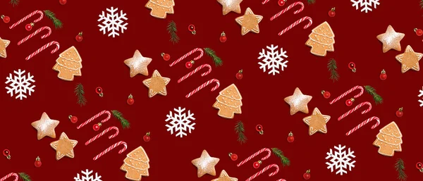 Many Gingerbread Cookies Candy Canes Christmas Decor Red Background Pattern — Stock Photo, Image