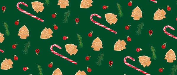 Viele Lebkuchen Zuckerstangen Und Weihnachtsdekoration Auf Grünem Hintergrund Muster Für — Stockfoto