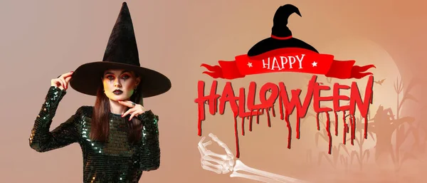 Reklam Banner För Halloween Fest Med Vacker Häxa — Stockfoto