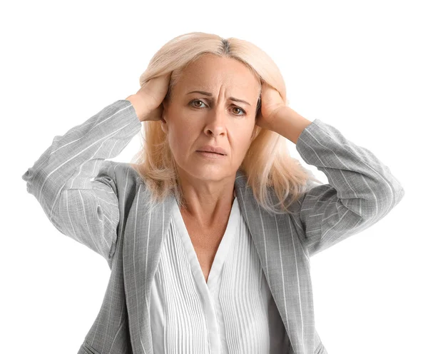 Volwassen Depressieve Vrouw Witte Achtergrond — Stockfoto