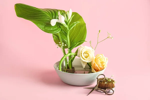 Bowl Beautiful Ikebana Kenzan Scissors Pink Background — Stock Photo, Image