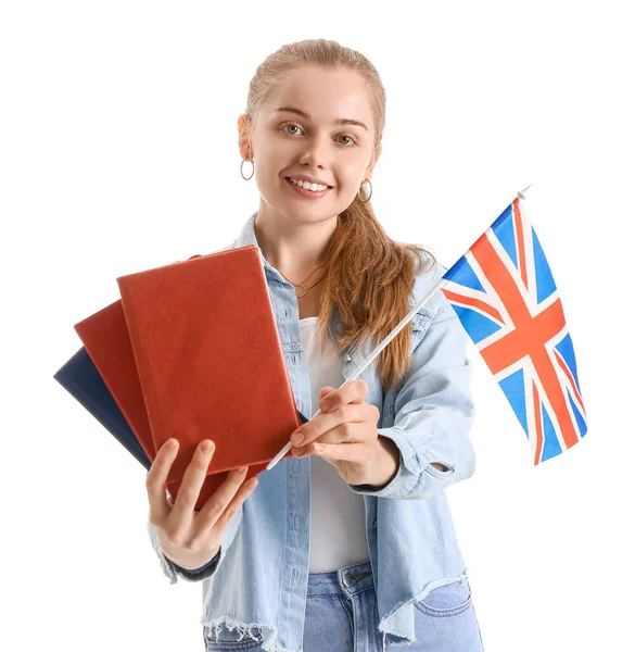 Jovem Com Bandeira Reino Unido Livros Sobre Fundo Branco — Fotografia de Stock