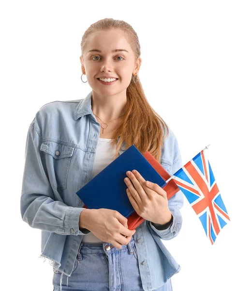 Jovem Com Bandeira Reino Unido Livros Sobre Fundo Branco — Fotografia de Stock