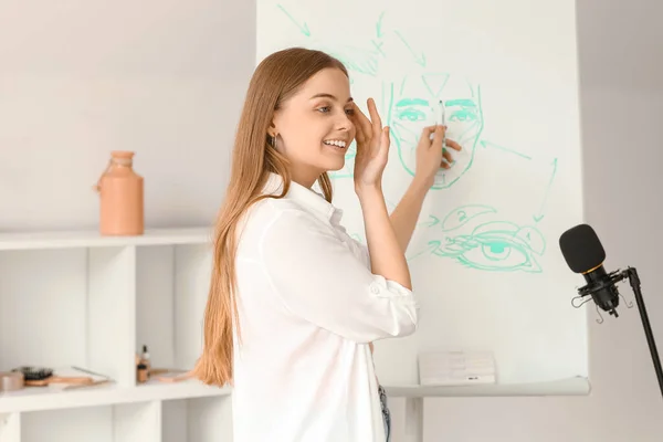 Female Beauty Blogger Drawing Flipboard While Recording Video Home — Stock Photo, Image