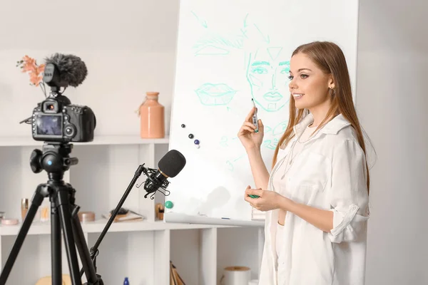 Young Beauty Blogger Drawing Flipboard While Recording Video Home — Stock Photo, Image