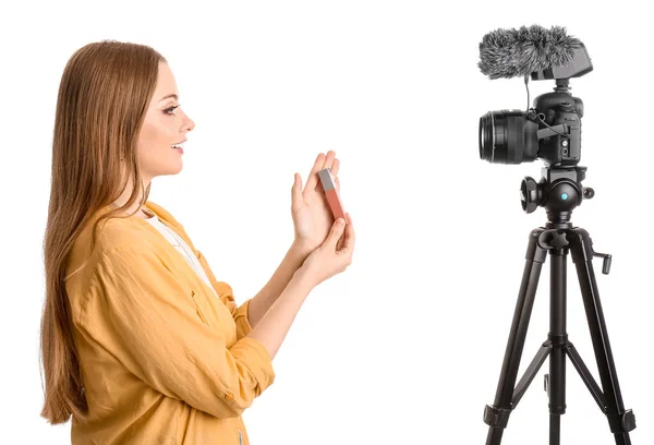 Young Beauty Blogger Lipstick Recording Video White Background — Stock Photo, Image