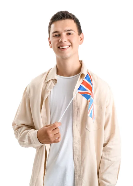 Menino Adolescente Com Bandeira Reino Unido Fundo Branco — Fotografia de Stock