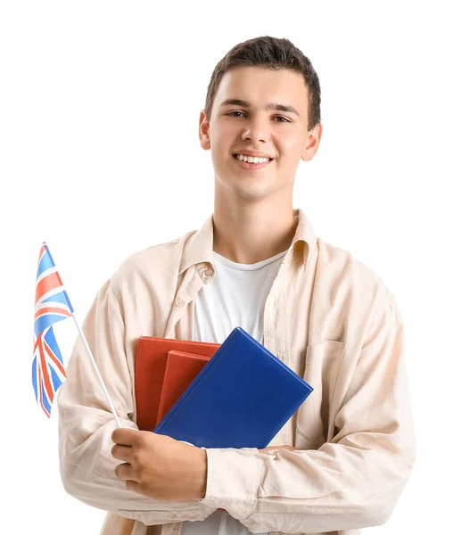 Adolescente Con Bandera Del Reino Unido Libros Sobre Fondo Blanco —  Fotos de Stock