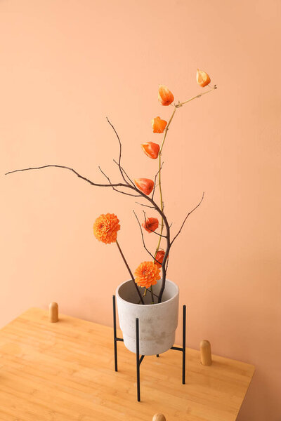 Pot with beautiful ikebana on shelf near beige wall