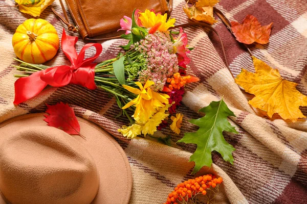 Stylish Female Accessories Bouquet Flowers Autumn Decor Soft Plaid Closeup — Stock Photo, Image