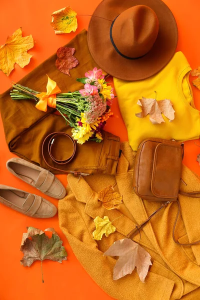 Female Clothes Accessories Beautiful Bouquet Flowers Autumn Leaves Orange Background — Stock Photo, Image