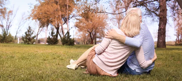 Happy Mature Couple Sitting Grass Autumn Park Back View — Stock Photo, Image