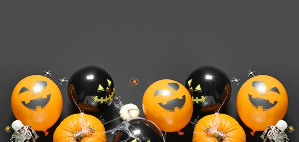 Funny Halloween Balloons Pumpkin Skeletons Dark Background — Stock Photo, Image
