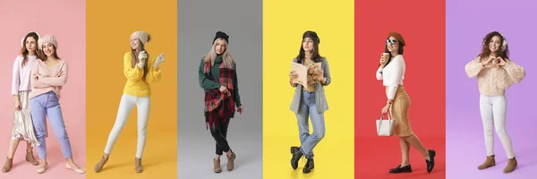 Set Donne Alla Moda Abiti Autunnali Sfondo Colorato — Foto Stock