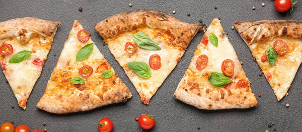 Slices Delicious Pizza Margherita Grey Background Top View — Stock Photo, Image