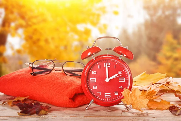 Wecker Pullover Brille Und Herbstlaub Auf Dem Tisch Park — Stockfoto