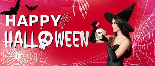 Reclame Banner Voor Halloween Feest Met Mooie Heks Schedel — Stockfoto