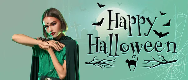 Banner Publicitario Para Fiesta Halloween Con Hermosa Bruja Araña —  Fotos de Stock