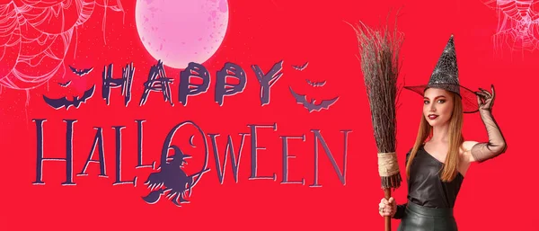 Advertising banner for Halloween party with young witch and broom