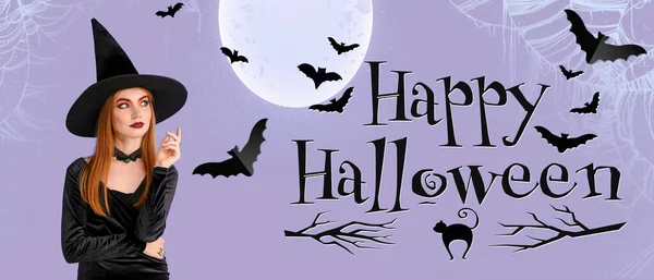 Reklám Banner Halloween Party Fiatal Boszorkány Denevérek — Stock Fotó